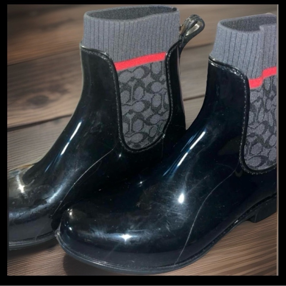 Coach Black Patent Rain Ankle Boots with Gray Signature Knit and Red Accent